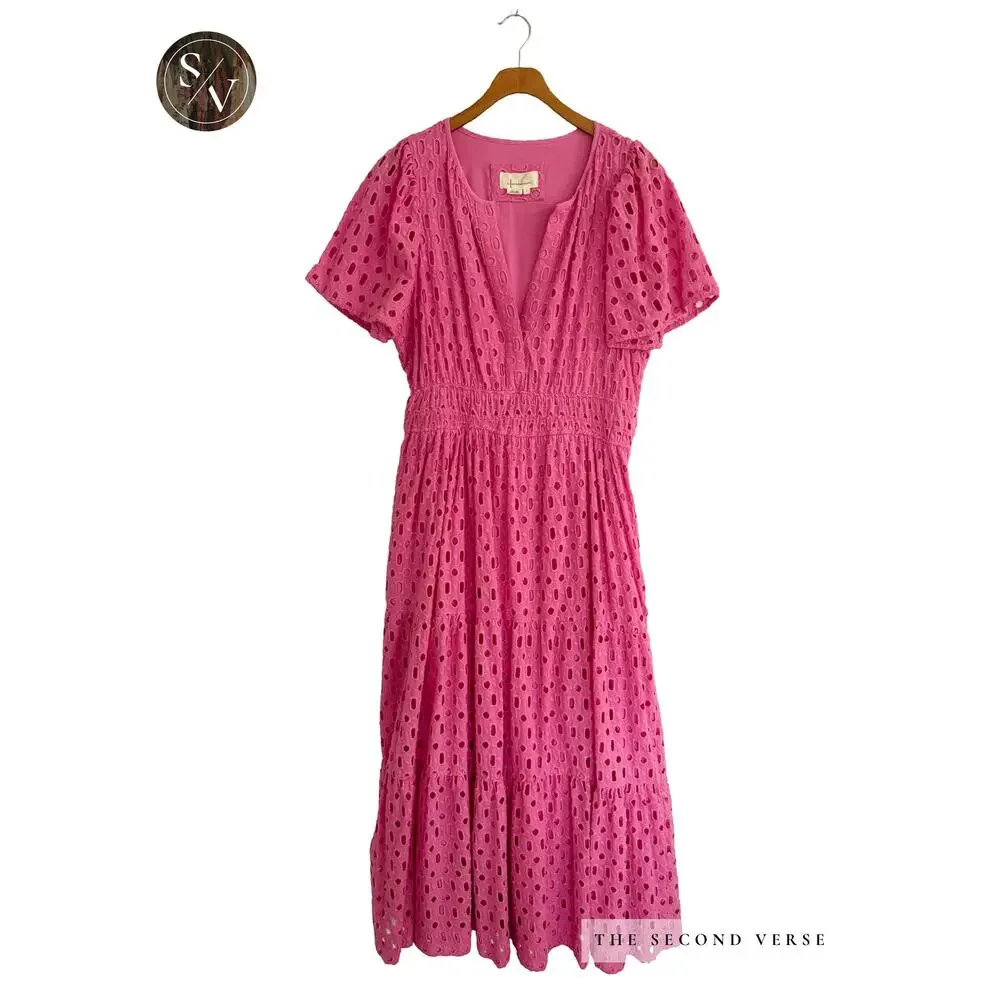 Anthropologie The Somerset Pink Maxi Dress Eyelet Wedding Guest Size Large - Picture 2 of 11